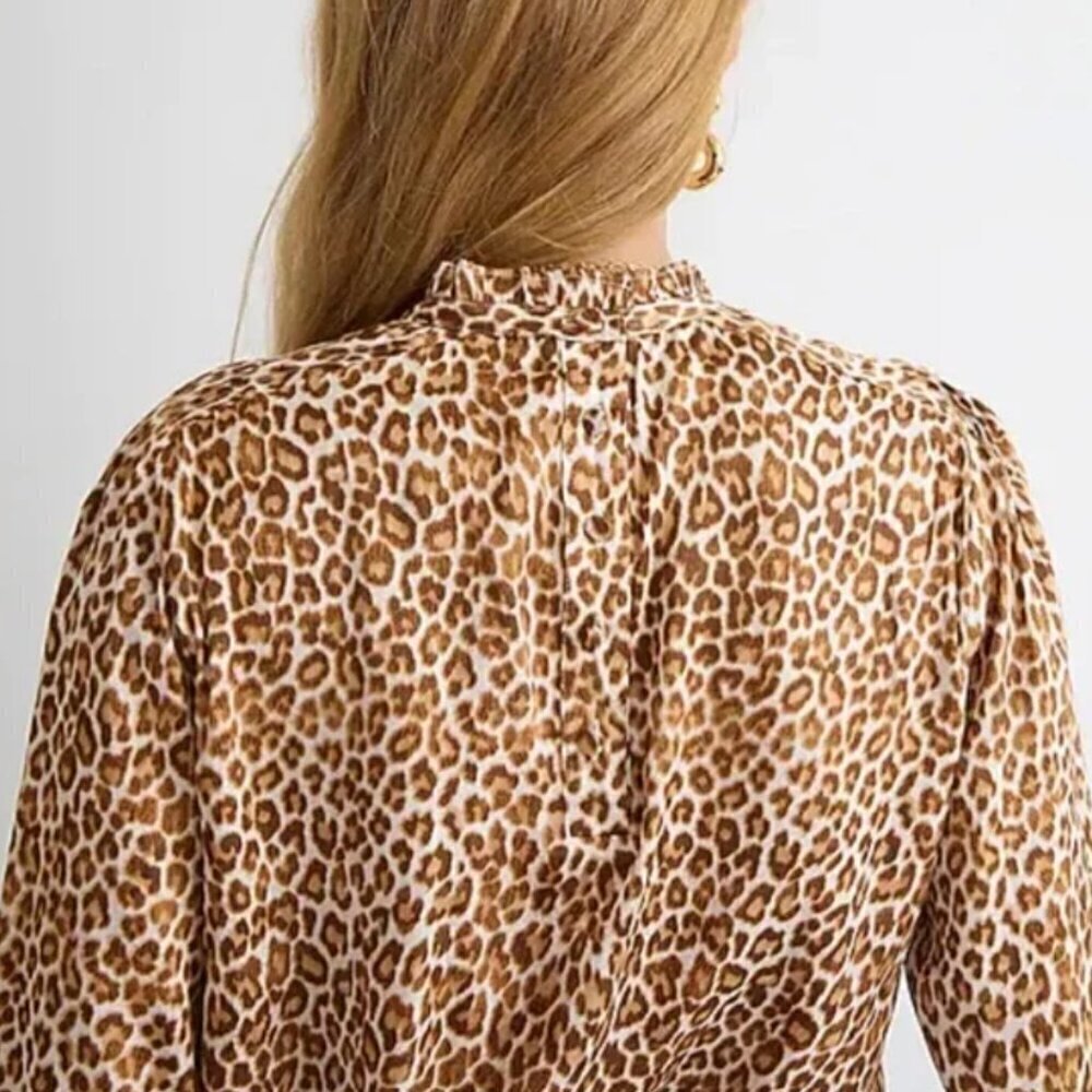 J Crew Leopard Top Womens Large Long Sleeve Ruffle Neck Relaxed Brown Blouse - Picture 4 of 7